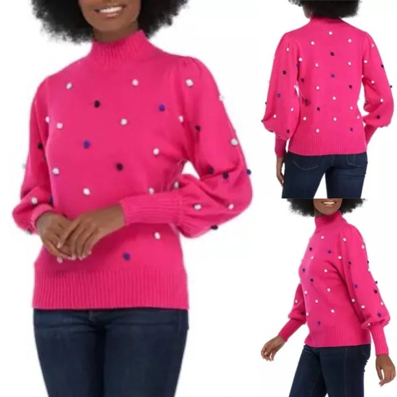 Crown & Ivy | Pom Pom Knit Sweater Puff Sleeve Pullover Pink - Picture 1 of 8